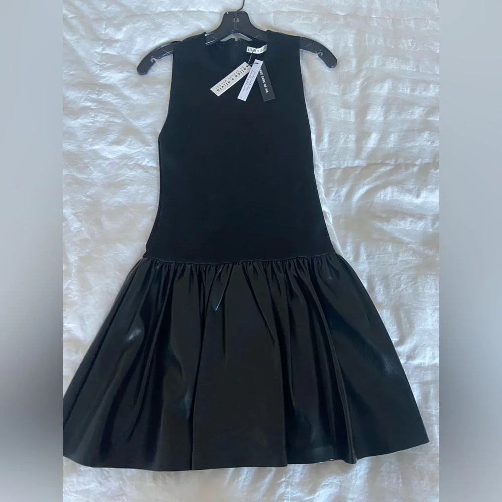 Alice + Olivia - Ella Combo Vegan Leather Drop Waist Sleeveless Mini Dress - Picture 1 of 3